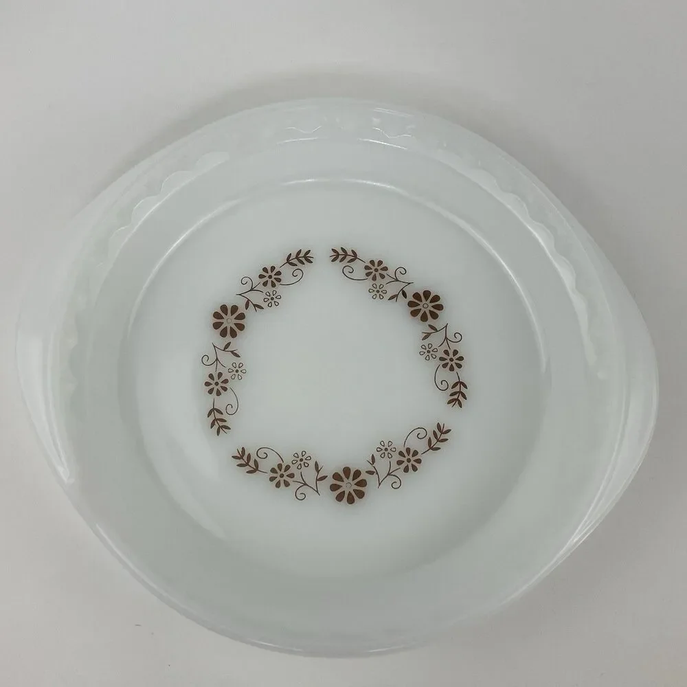 Dynaware Pyr-O-Rey Milk glass Brown Daisy Dishes Full Set of 12 1960s VTG Rare
